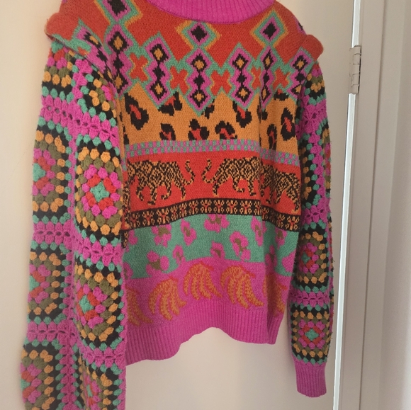 Farm Rio Crochet Mixed Print Sweater - Picture 2 of 4